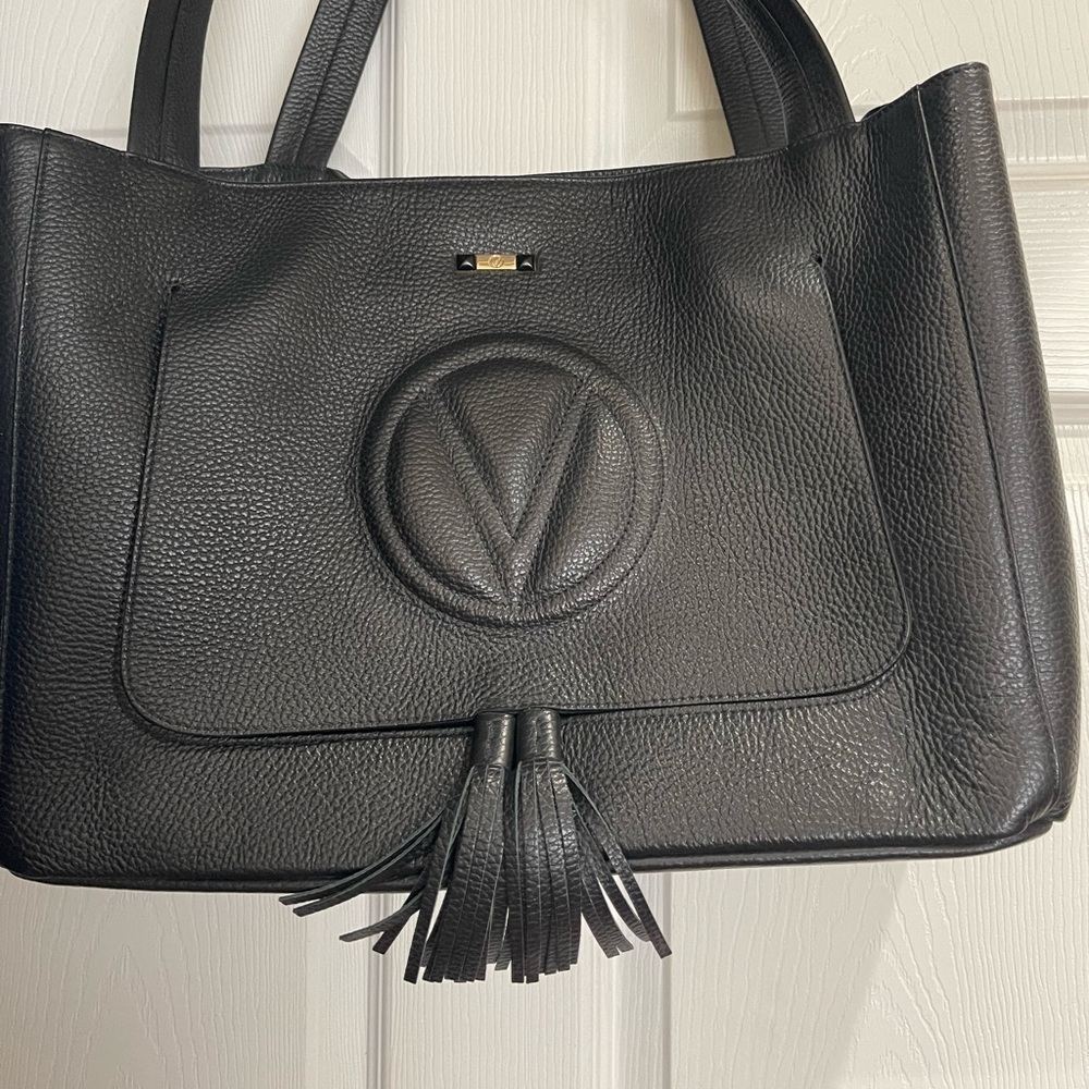 Valentino By Mario Valentino Black Leather Tote with Raised V Logo and Tassel